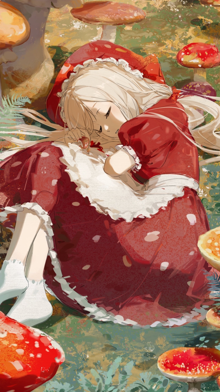 沢山の赤いキノコに囲まれて寝るエナー・アールウェット / にじさんじ / バーチャルYouTuber / Vtuberの750 x 1334 / スマホ壁紙