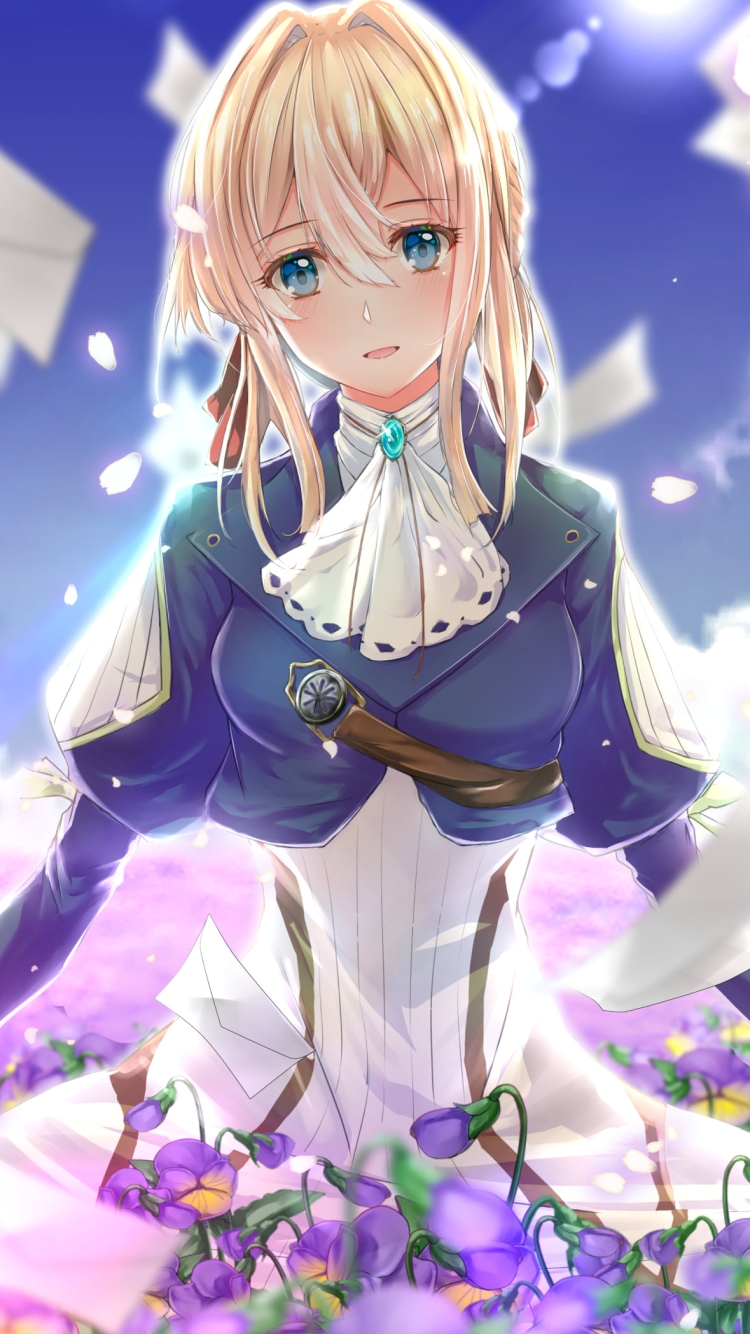 ラベンダー畑に佇むヴァイオレット・エヴァーガーデン / 空に舞う便箋の750 x 1334 / スマホ壁紙