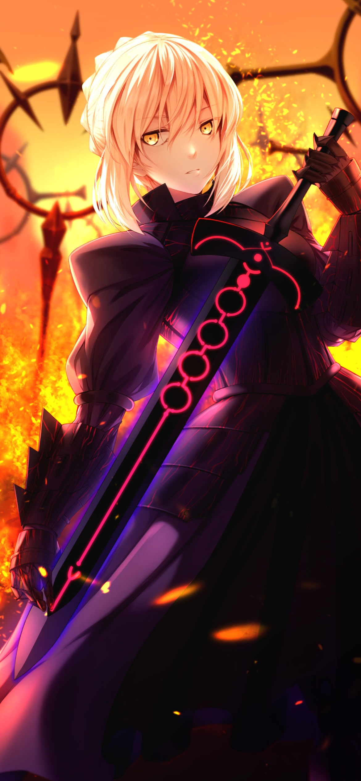 黒い剣を持ちこちらを見つめるアルトリア・ペンドラゴン / セイバーオルタ / Fate/grand orderの1170 x 2532 / スマホ壁紙