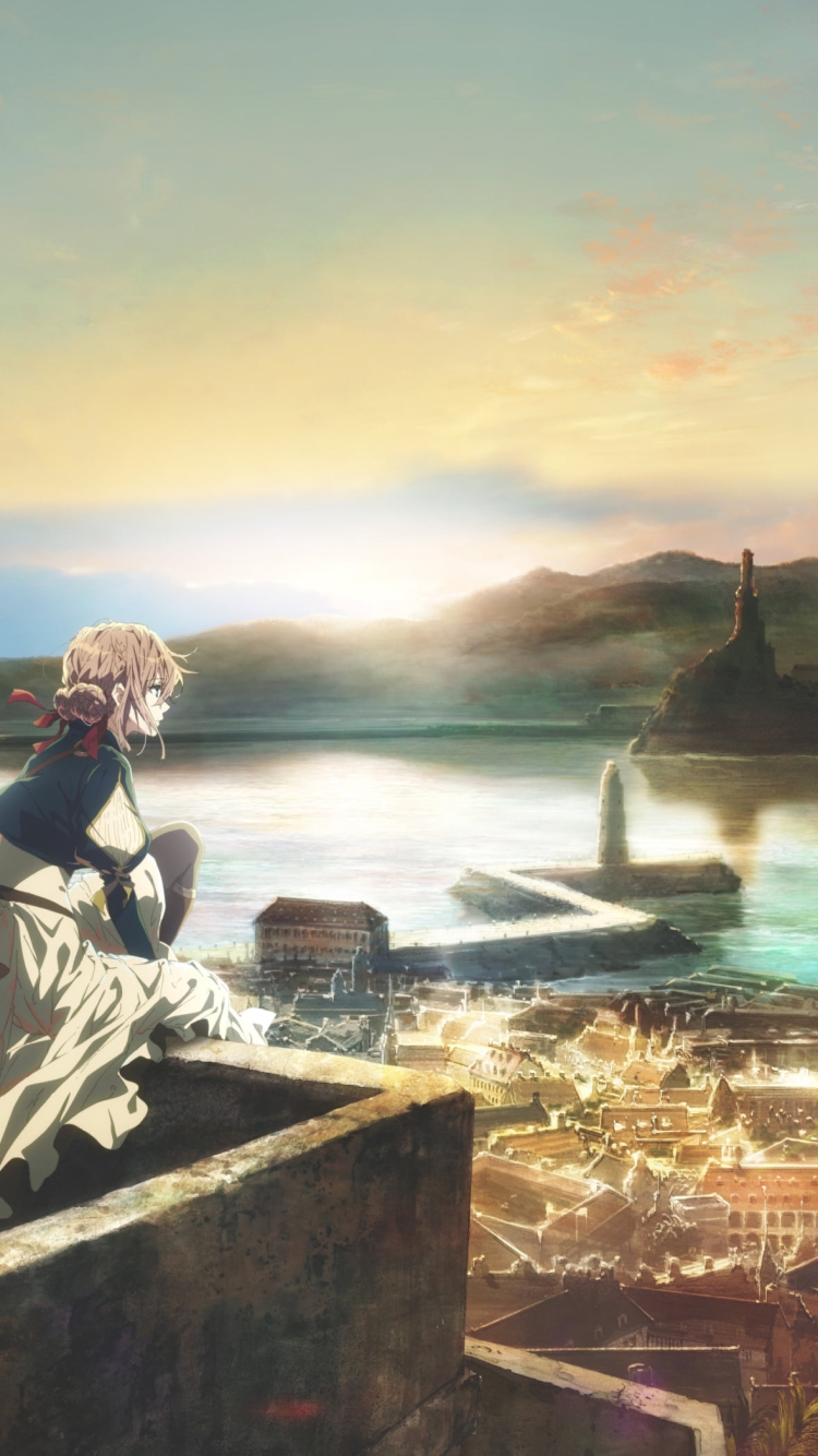 高所から町の港を眺めるヴァイオレット・エヴァーガーデンの750 x 1334 / スマホ壁紙