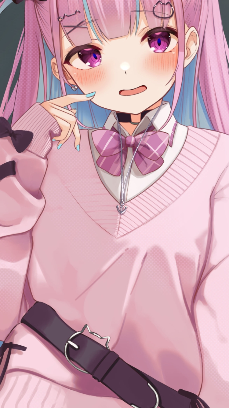 頬っぺたに指をあてて照れている湊あくあ / ホロライブ / バーチャルYouTuber / Vtuberの750 x 1334 / スマホ壁紙