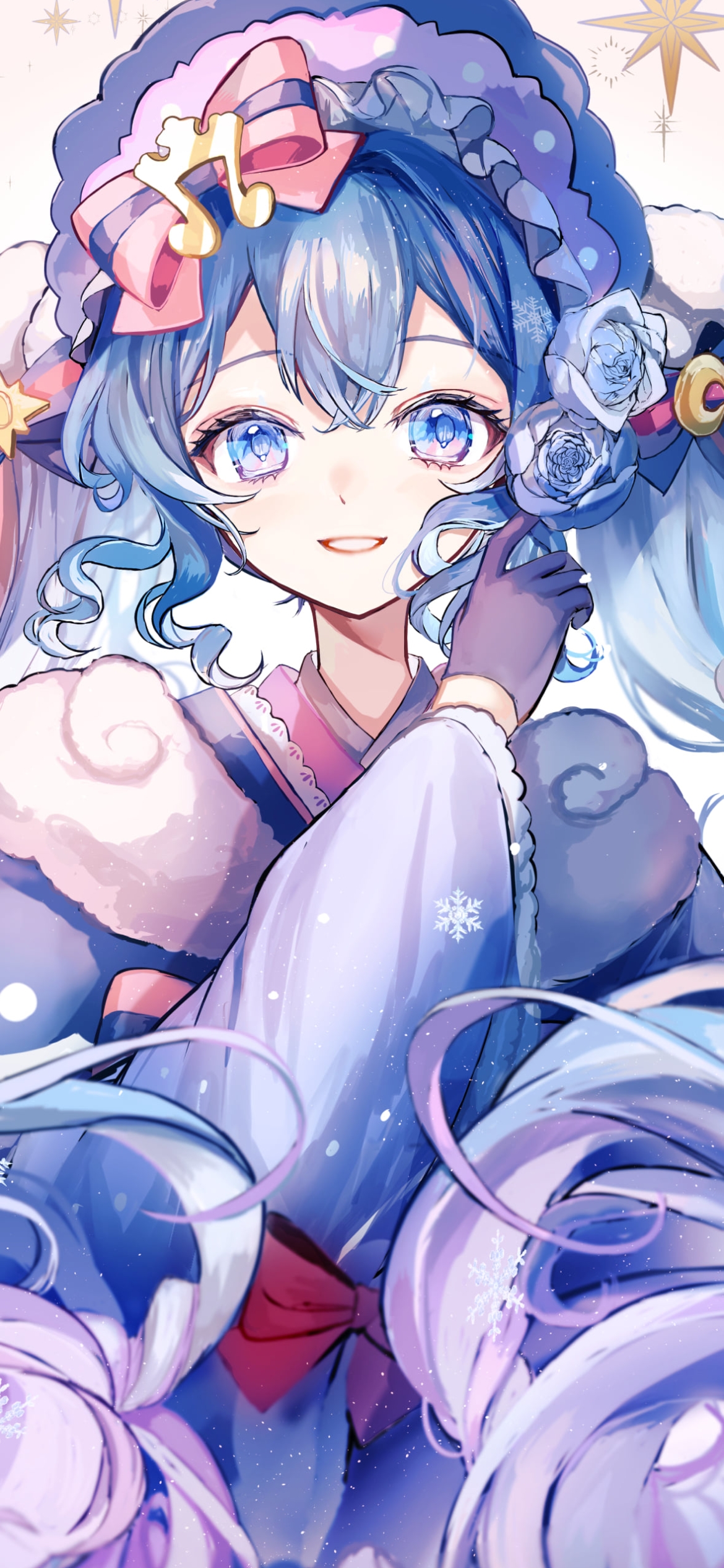青紫の着物を着た雪ミク / 青い薔薇 / 初音ミク / ボカロ / ボーカロイドの1170 x 2532 / スマホ壁紙
