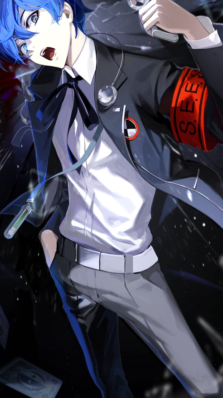 銃を構える青い髪の結城理(ゆうきまこと) / ペルソナ3の750 x 1334 / スマホ壁紙