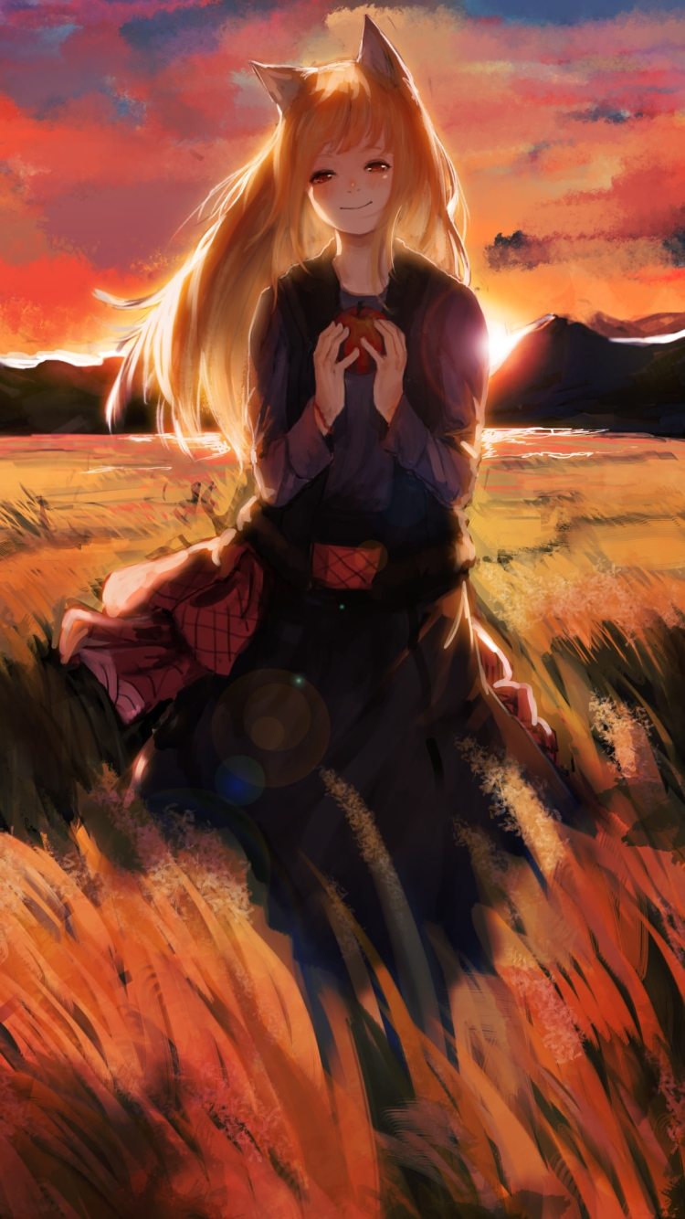 リンゴを持ち微笑むホロ / 狼と香辛料の750 x 1334 / スマホ壁紙