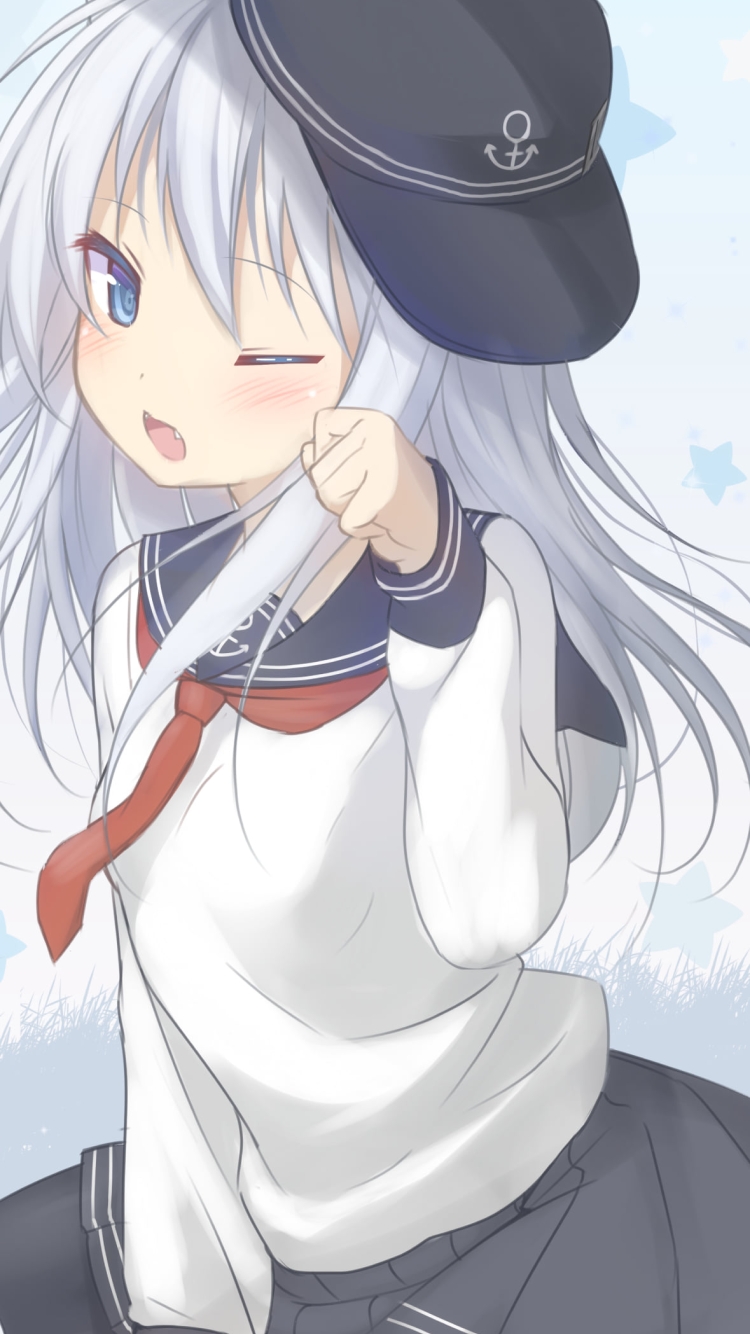 地べたに座りウィンクする可愛い響 / 艦隊これくしょんの750 x 1334 / スマホ壁紙