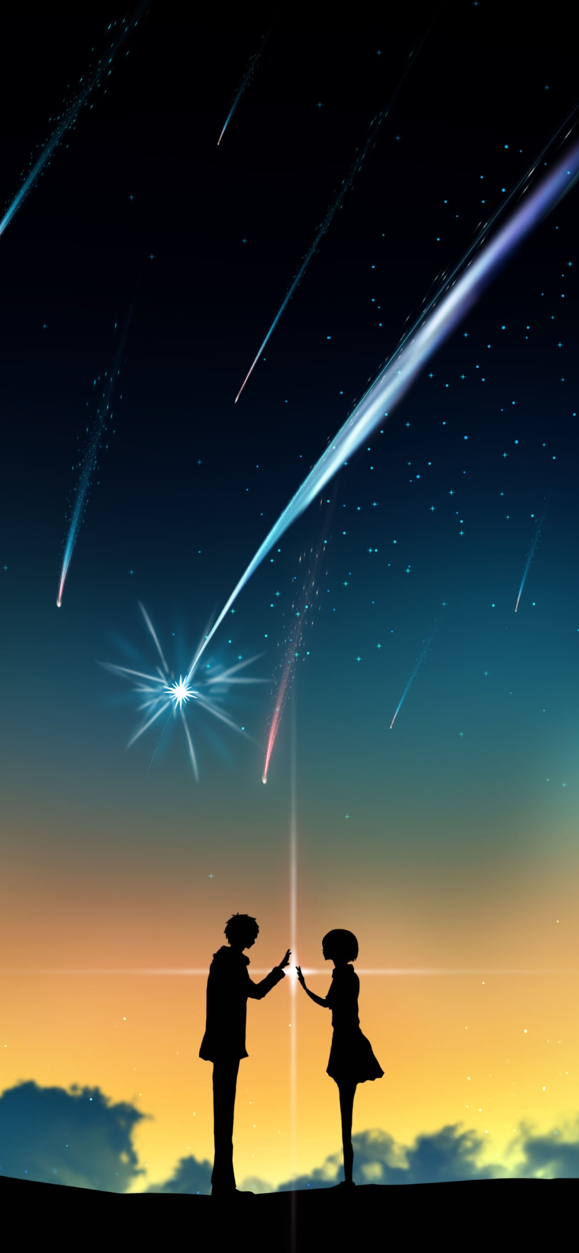 手を合わせる宮水三葉とハラダミユキのシルエット / 流れ星 / 君の名は。の1170 x 2532 / スマホ壁紙