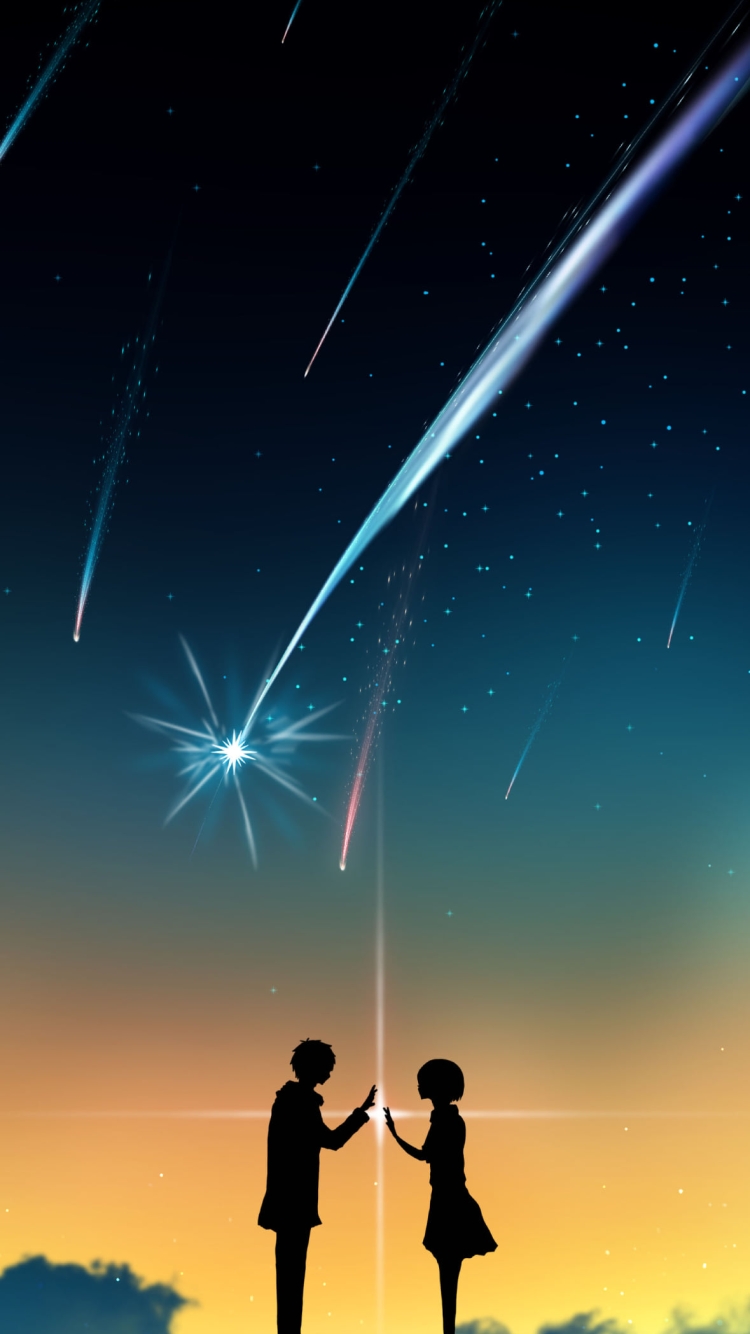 手を合わせる宮水三葉とハラダミユキのシルエット / 流れ星 / 君の名は。の750 x 1334 / スマホ壁紙