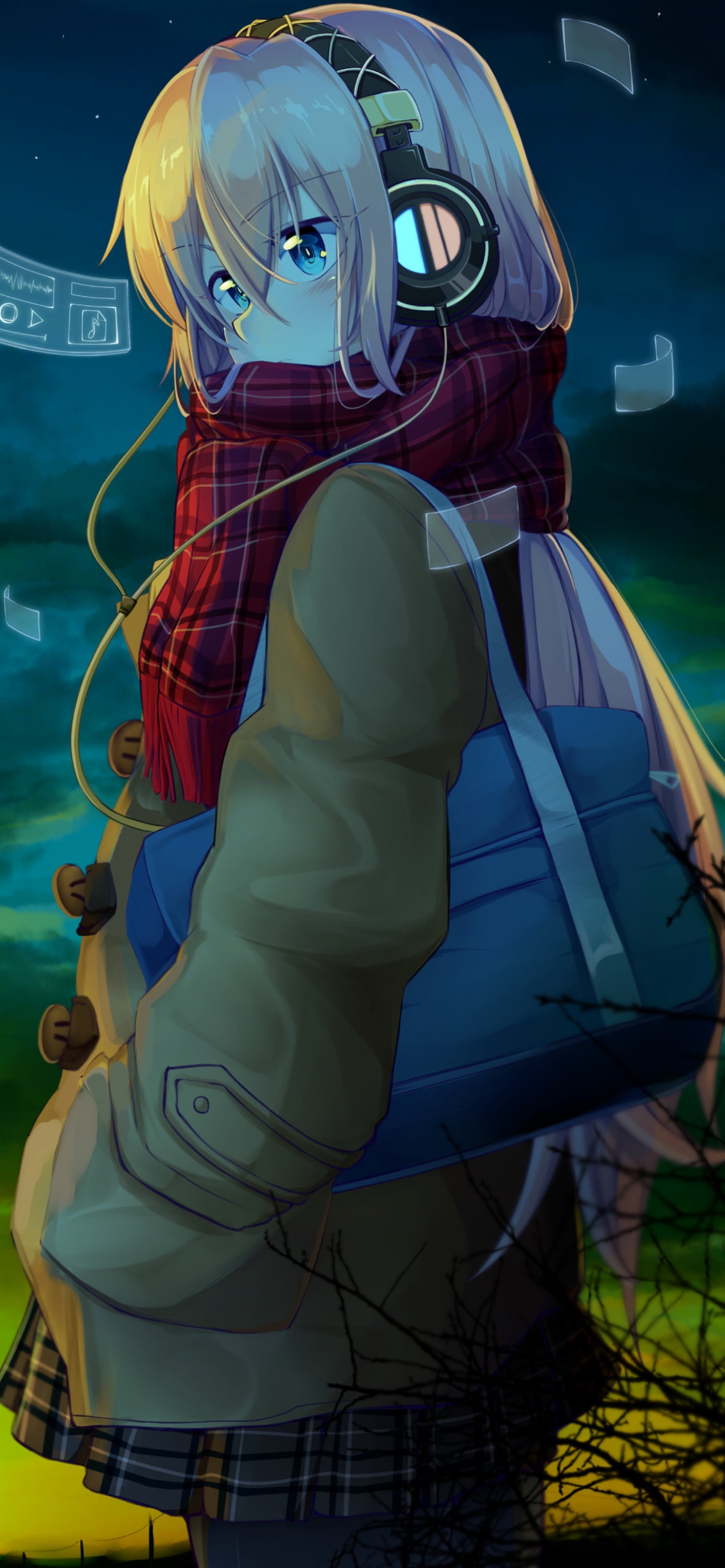 赤いチェックのマフラーを巻いてヘッドフォンを付けた巡音ルカ / ボカロ / ボーカロイドの1170 x 2532 / スマホ壁紙