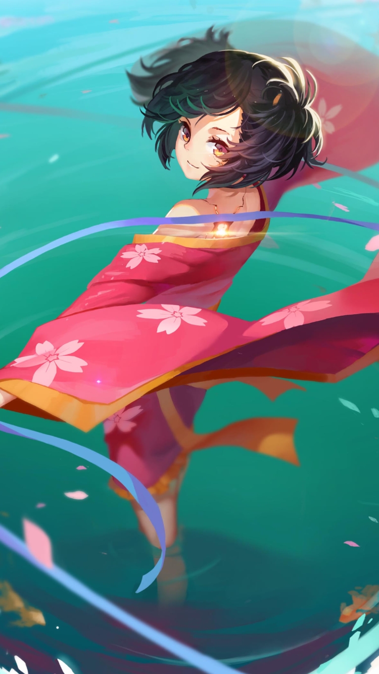 水に足を浸けて紫の紐を持つ無名 / 甲鉄城のカバネリの750 x 1334 / スマホ壁紙