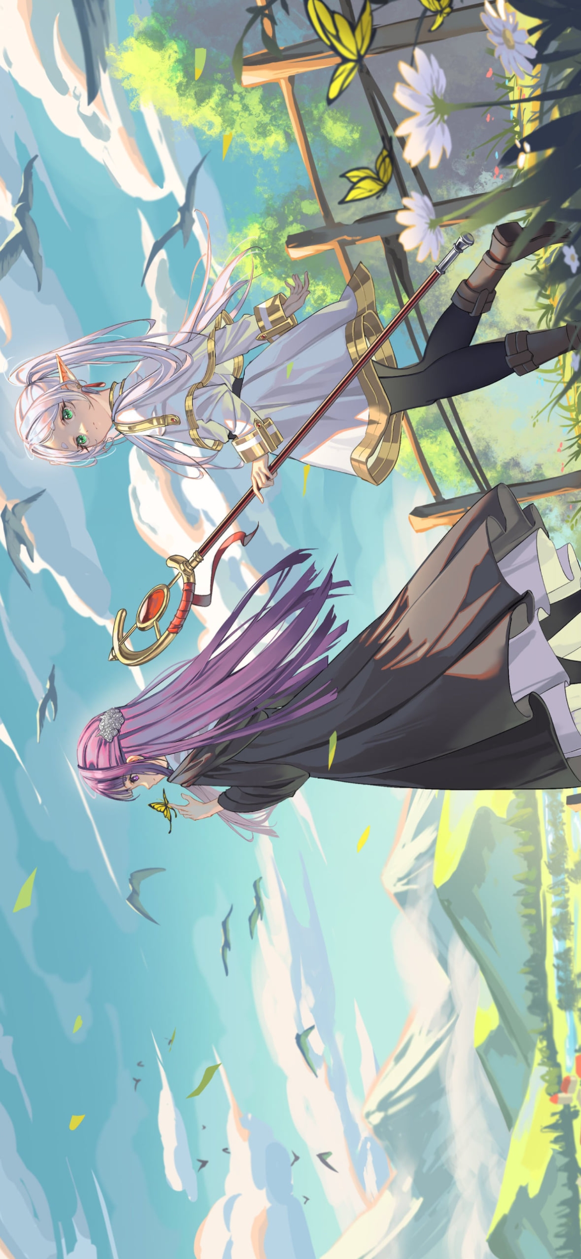 草原を歩くフリーレンとフェルン / 葬送のフリーレンの1170 x 2532 / スマホ壁紙