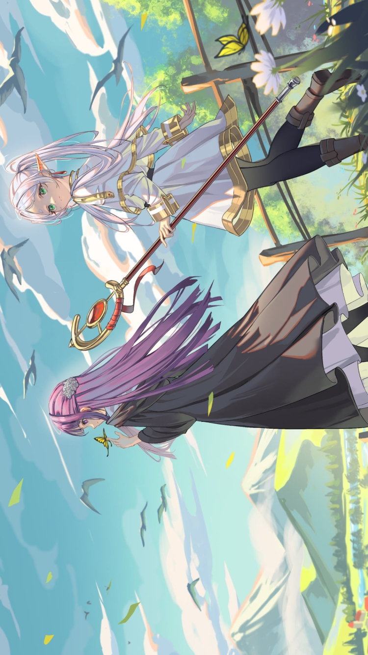 草原を歩くフリーレンとフェルン / 葬送のフリーレンの750 x 1334 / スマホ壁紙