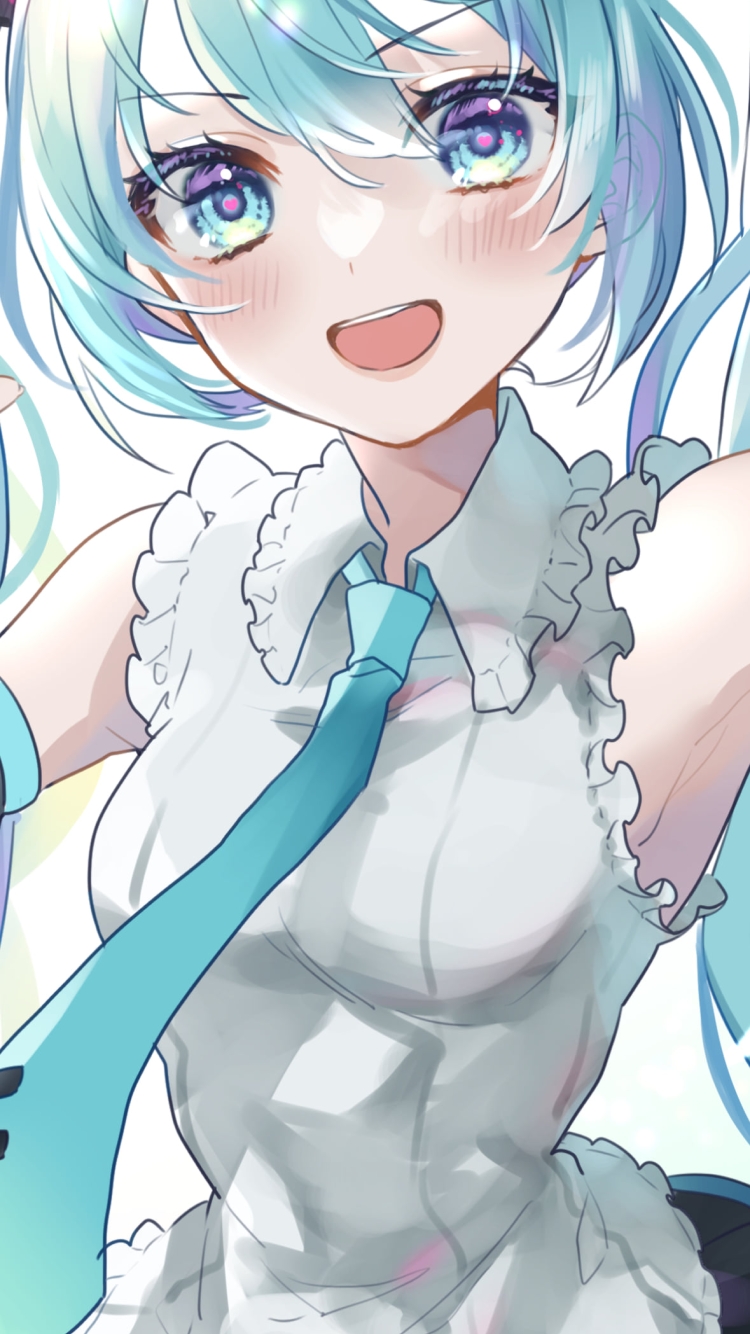 目がキラキラした笑顔の初音ミク / ツインテール / 青い瞳 / ボカロ / ボーカロイドの750 x 1334 / スマホ壁紙