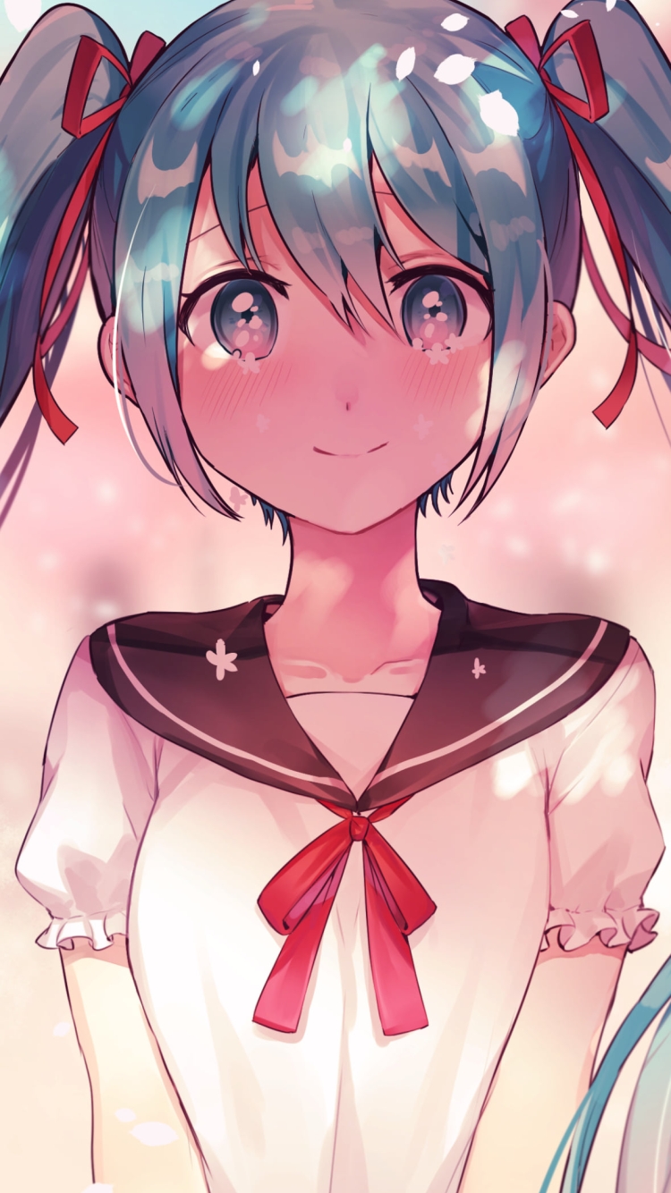 制服を着た満面の笑みの初音ミク / ツインテール / 赤いリボン / ボカロ / ボーカロイドの750 x 1334 / スマホ壁紙