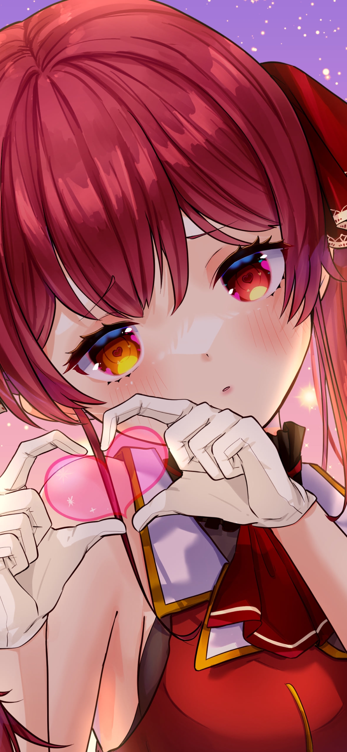 両手でピンクのハートを作る可愛い宝鐘マリン / 赤い瞳 / ホロライブ / バーチャルYouTuber / Vtuberの1170 x 2532 / スマホ壁紙
