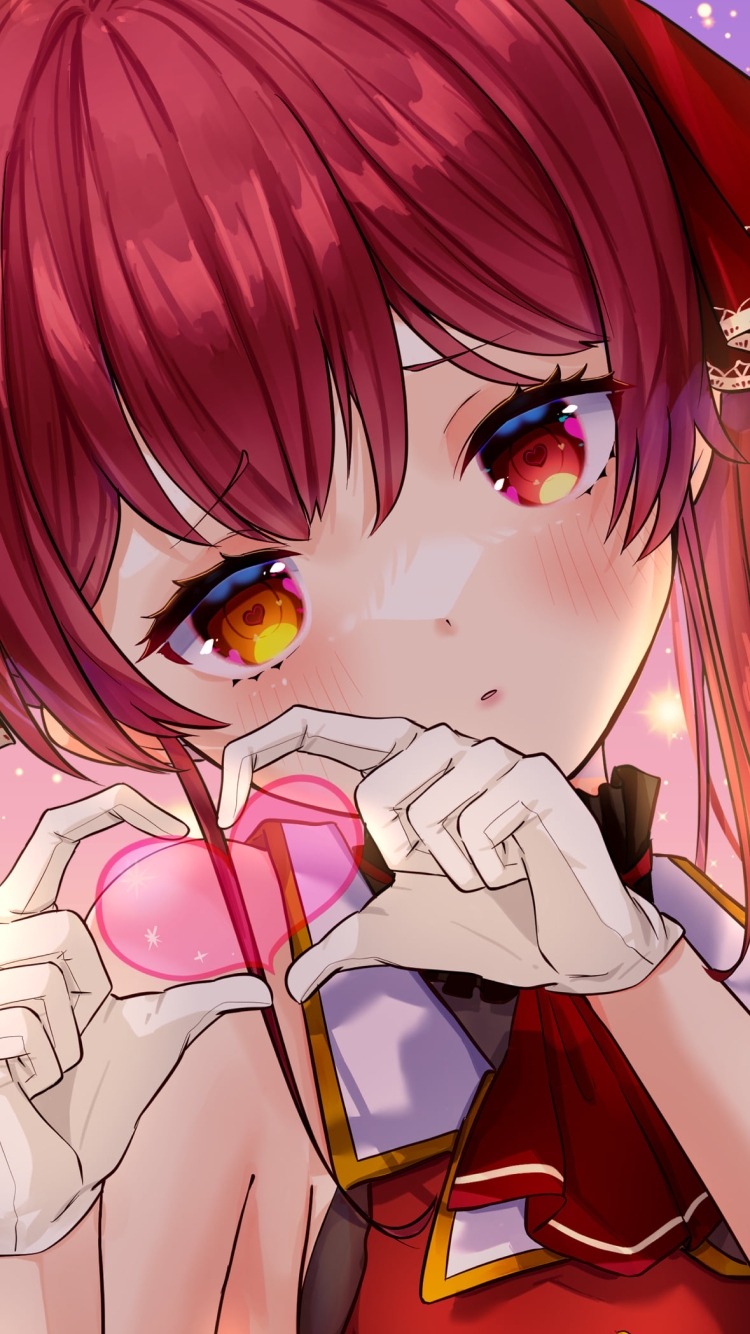 両手でピンクのハートを作る可愛い宝鐘マリン / 赤い瞳 / ホロライブ / バーチャルYouTuber / Vtuberの750 x 1334 / スマホ壁紙