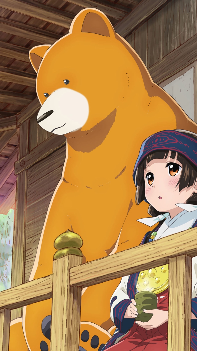 並んでお茶を飲む雨宿まちとクマ井ナツ / くまみこの750 x 1334 / スマホ壁紙