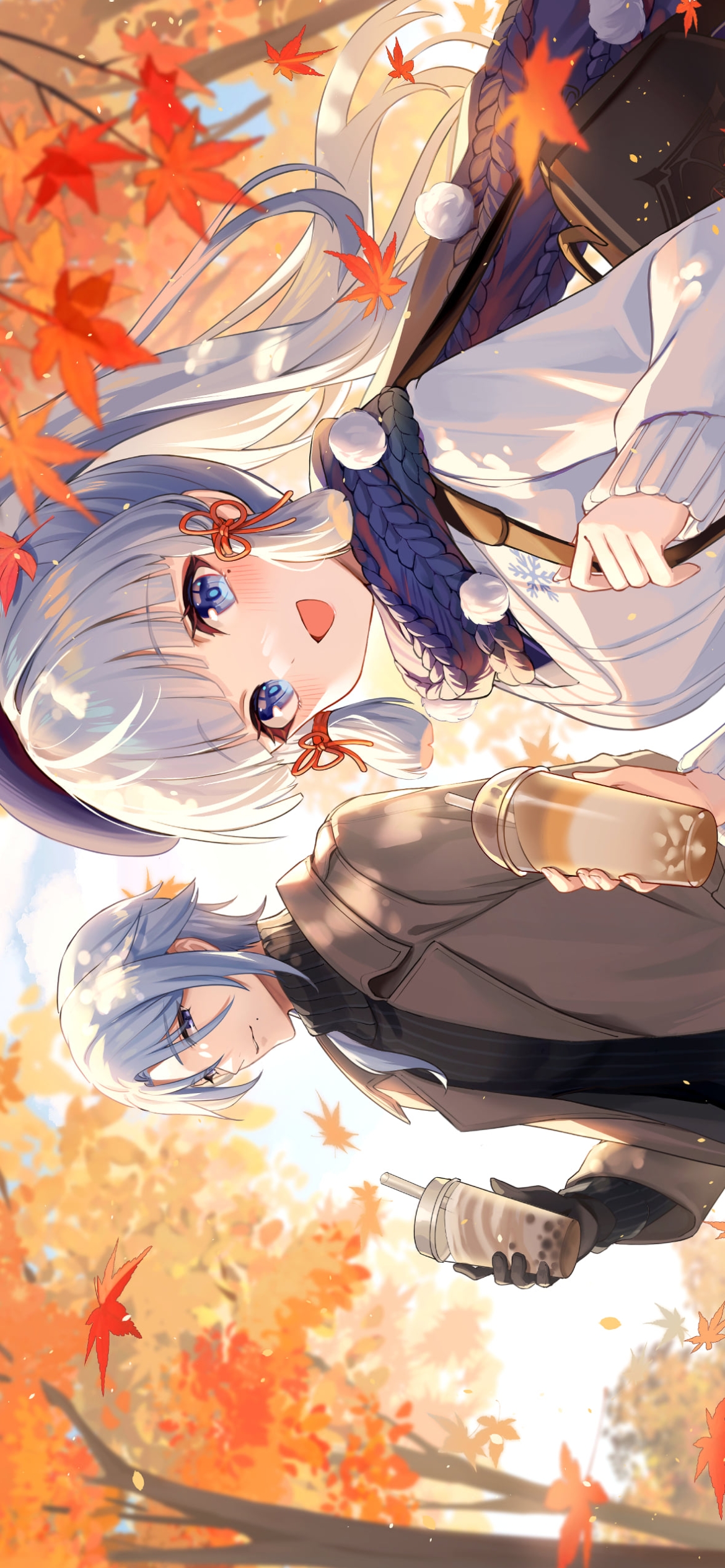 タピオカジュースを飲む神里綾華と神里綾人 / 原神の1170 x 2532 / スマホ壁紙