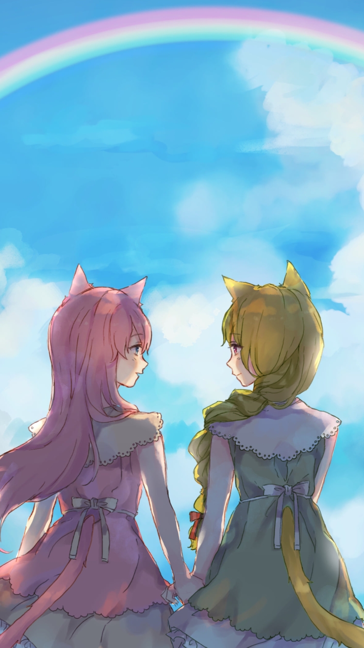 手をつなぐふうにゃんと如月梢 / 虹 / SiesteCatの750 x 1334 / スマホ壁紙