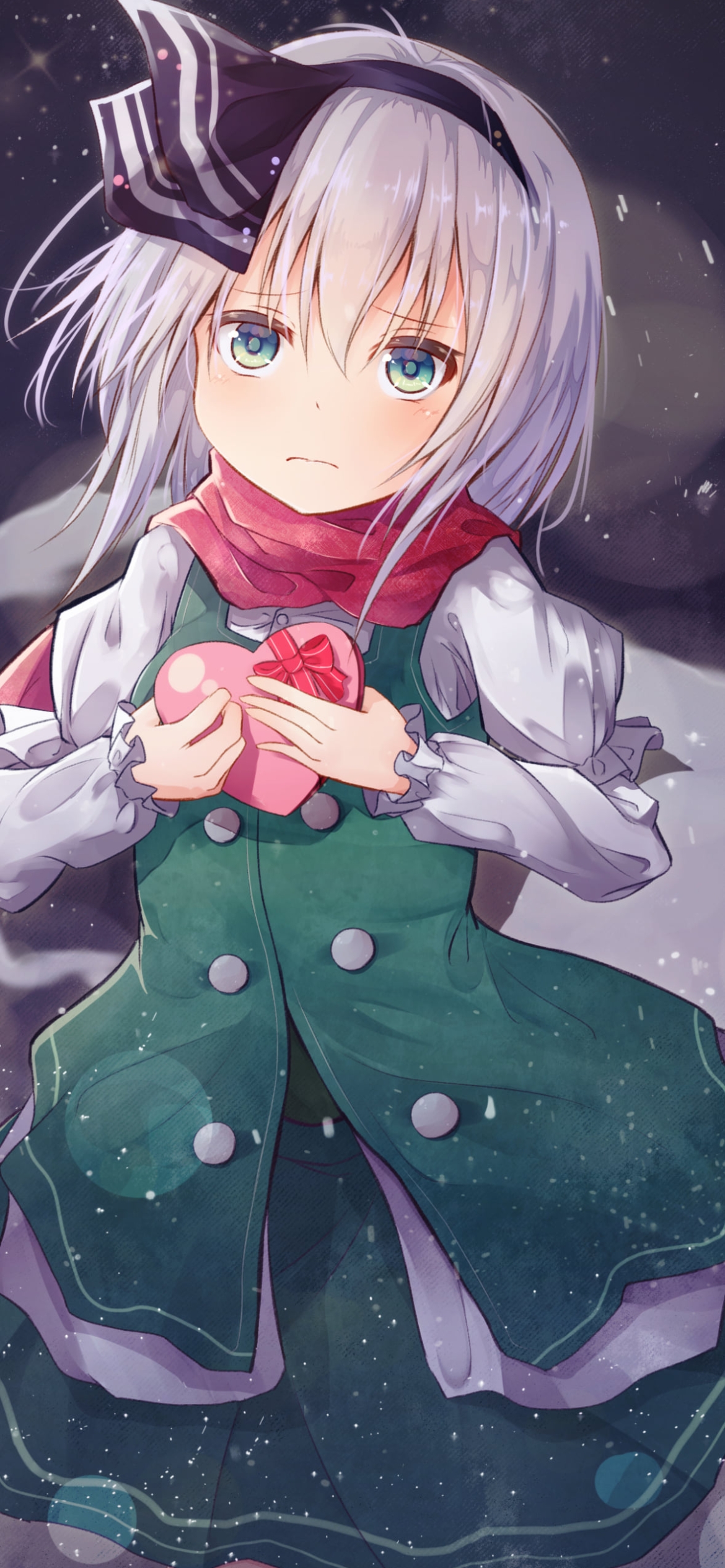 ハートのプレゼントを持つ赤いマフラーを巻いた魂魄妖夢 / 東方の1170 x 2532 / スマホ壁紙