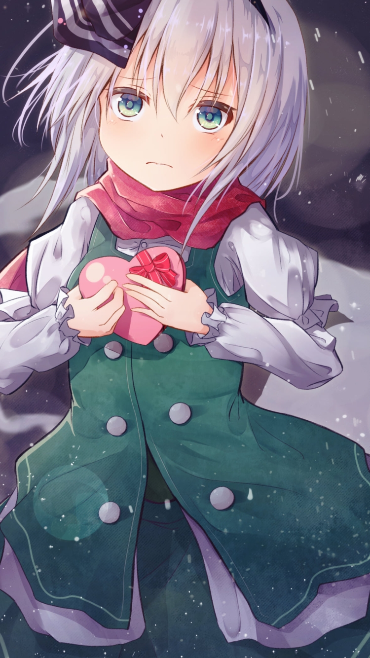 ハートのプレゼントを持つ赤いマフラーを巻いた魂魄妖夢 / 東方の750 x 1334 / スマホ壁紙