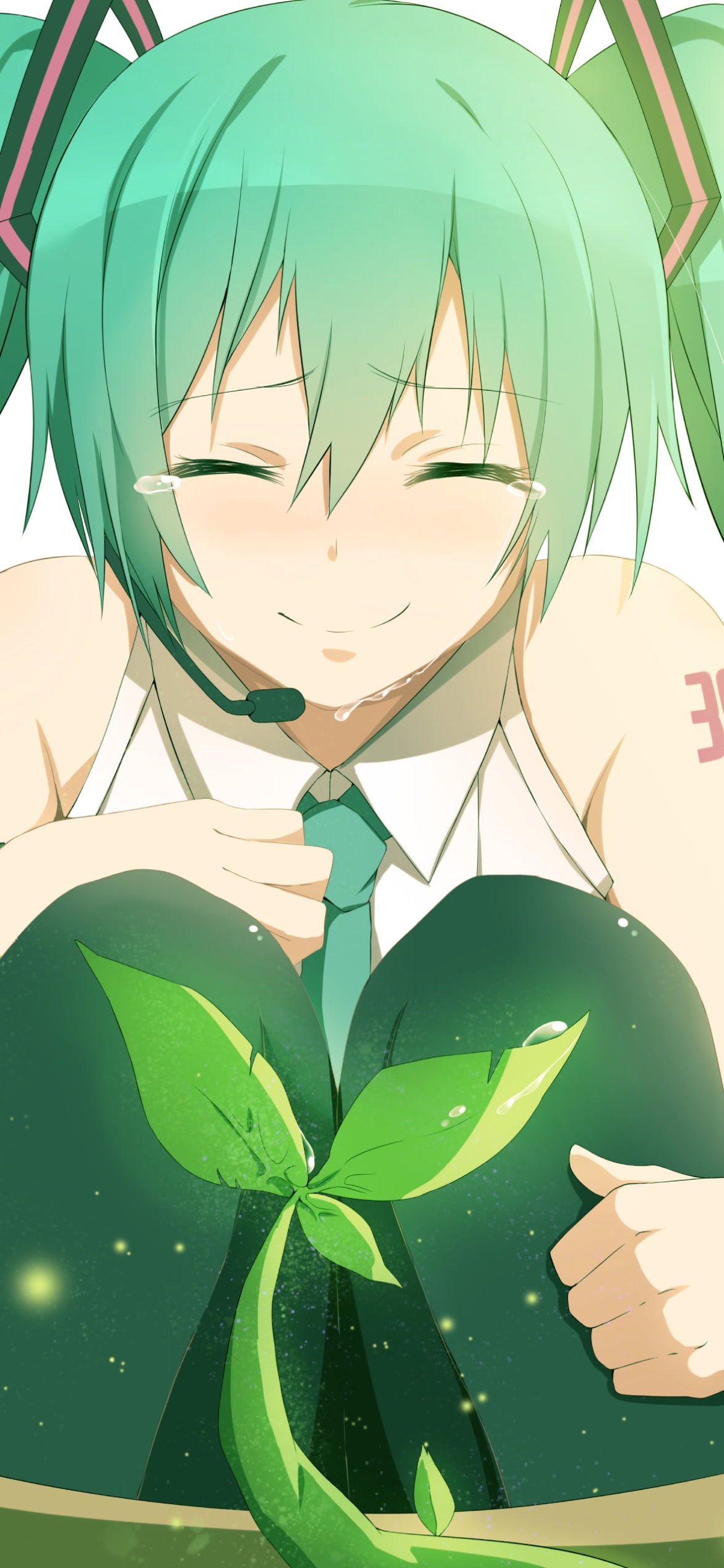 芽吹く葉っぱを見てうれし泣きする初音ミク / ボカロ / ボーカロイドの1170 x 2532 / スマホ壁紙