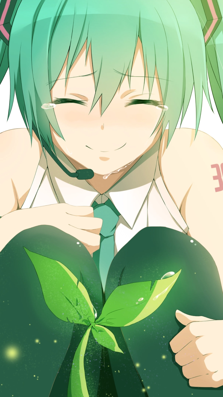 芽吹く葉っぱを見てうれし泣きする初音ミク / ボカロ / ボーカロイドの750 x 1334 / スマホ壁紙