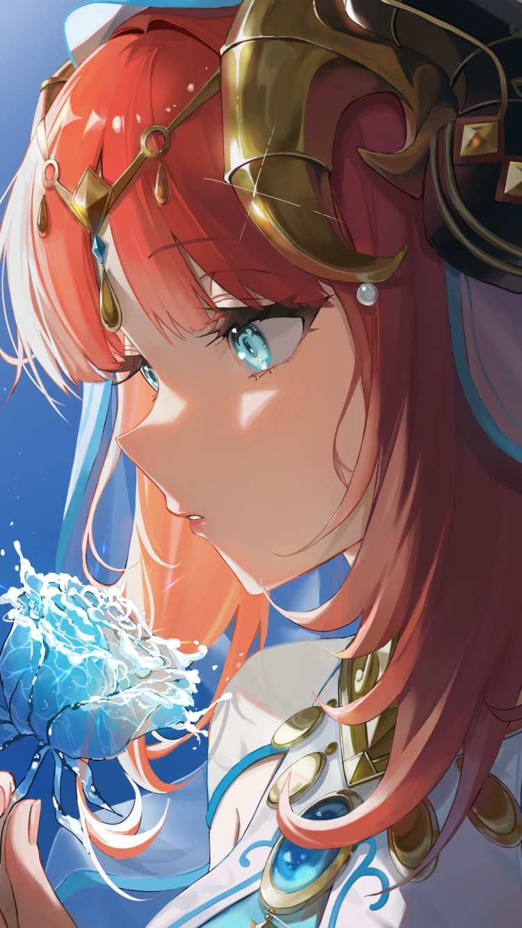 一輪の水色の薔薇を持つニィロウ / 原神の750 x 1334 / スマホ壁紙