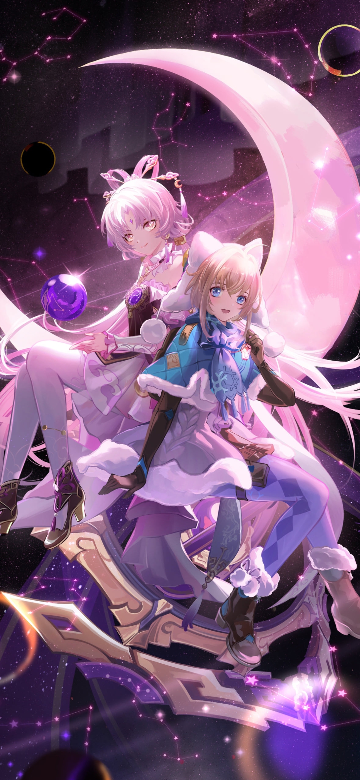 月に腰かける符玄とリンクス・ランドゥー / 崩壊:スターレイルの1170 x 2532 / スマホ壁紙