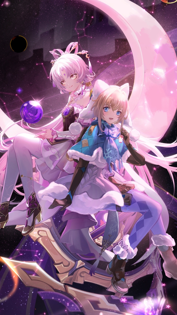 月に腰かける符玄とリンクス・ランドゥー / 崩壊:スターレイルの750 x 1334 / スマホ壁紙