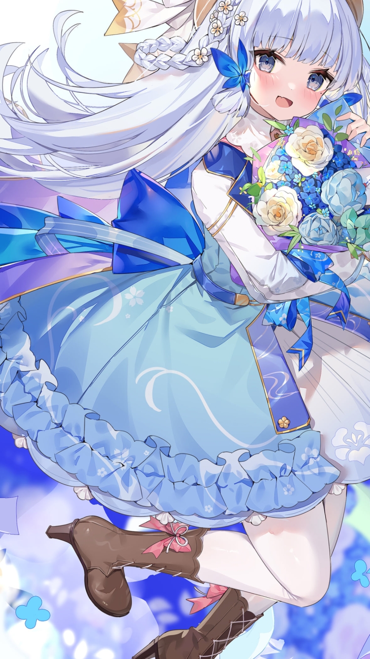 水色と白の花束を持つ可愛い神里綾華 / 花時に訪れた手紙 / 原神の750 x 1334 / スマホ壁紙