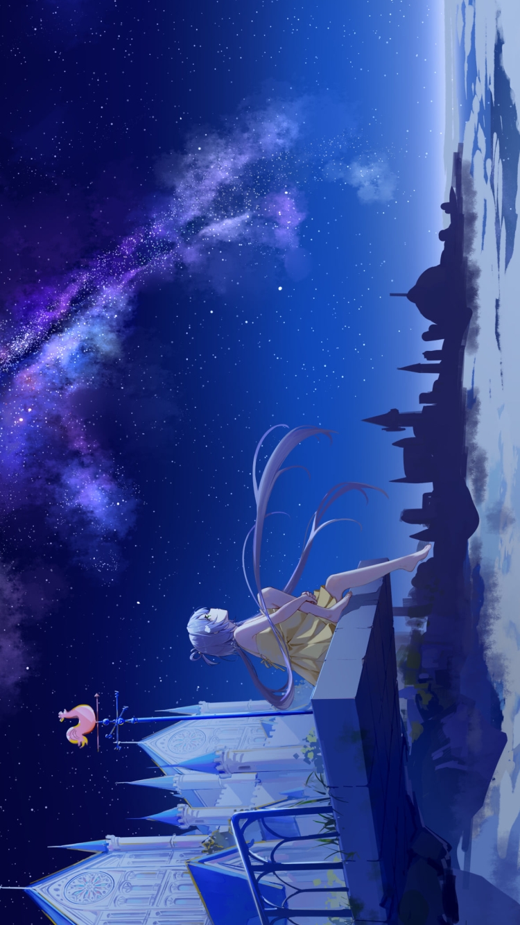 大きな屋敷と銀河を眺める洛天依 / LUO TIANYI / ボカロの750 x 1334 / スマホ壁紙