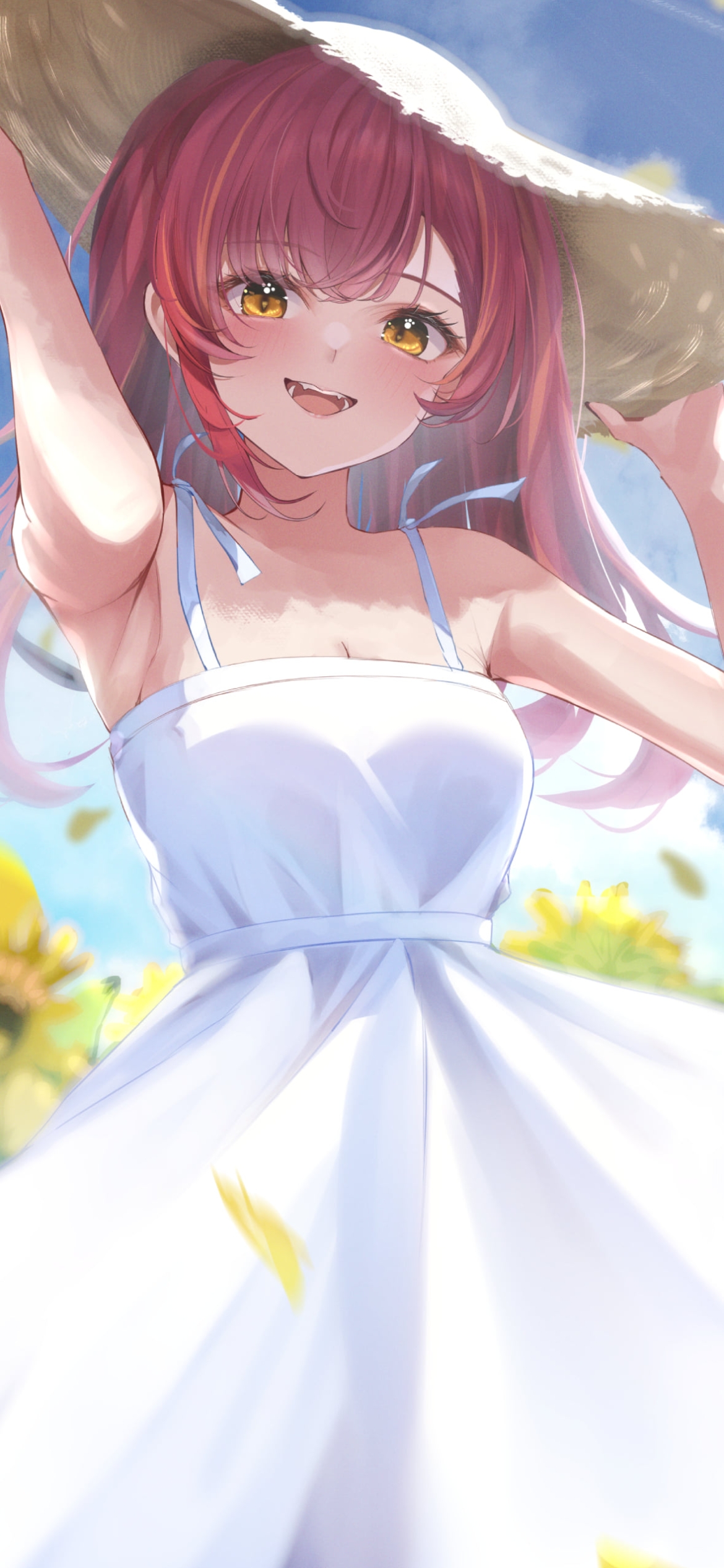 麦わら帽子を抑えて白いドレスを着た可愛い猫汰つな(ねこたつな) / 向日葵畑 / ぶいすぽっ! / バーチャルYouTuber / Vtuberの1170 x 2532 / スマホ壁紙