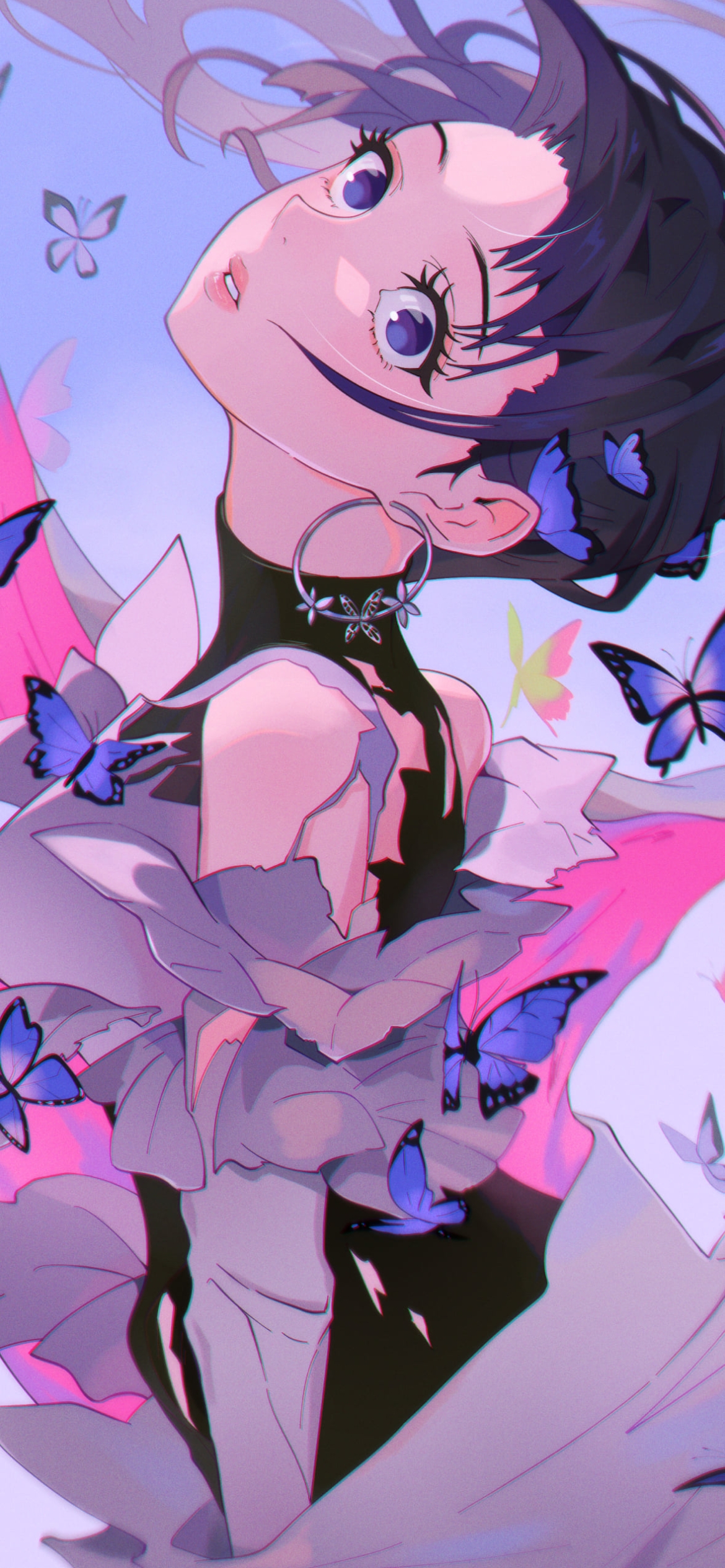 沢山の蝶と驚いた表情の胡蝶しのぶ / 鬼滅の刃の1170 x 2532 / スマホ壁紙