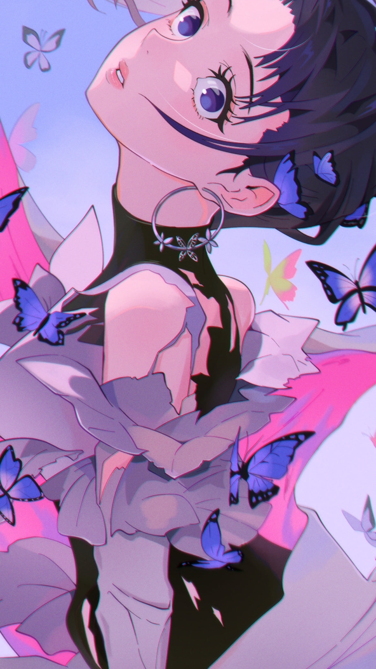 沢山の蝶と驚いた表情の胡蝶しのぶ / 鬼滅の刃の750 x 1334 / スマホ壁紙