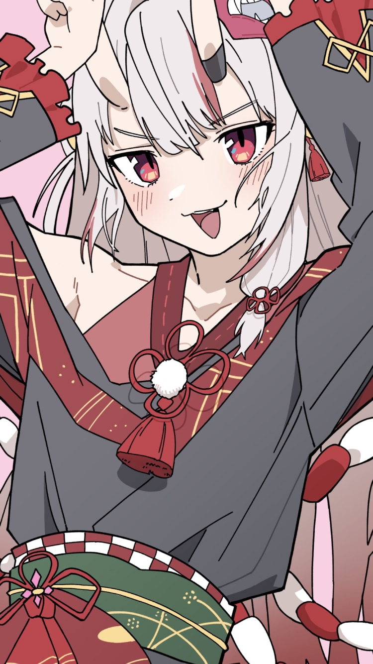 頭の上でWピースする百鬼あやめ / ホロライブ / バーチャルYouTuber / Vtuberの750 x 1334 / スマホ壁紙