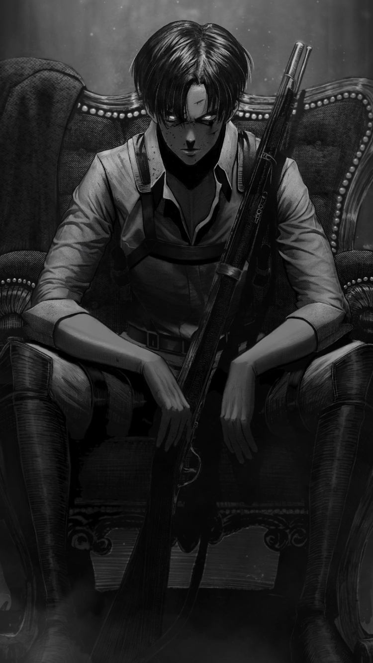 銃を身近に添えて椅子に座り目をつぶるかっこいいリヴァイ / 進撃の巨人の750 x 1334 / スマホ壁紙