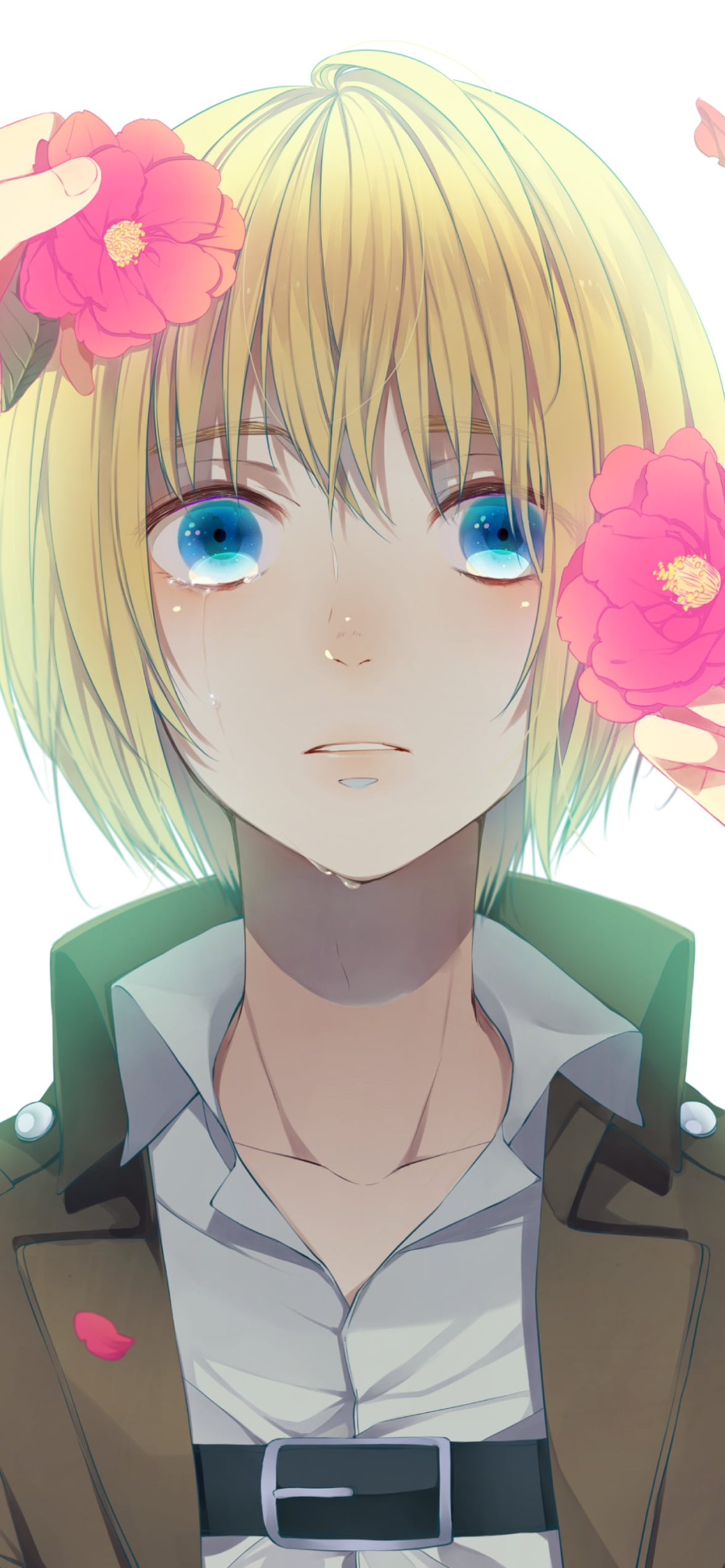 ピンクの花を添えられて涙目のアルミン・アルレルト / Armin Arlert / 進撃の巨人の1170 x 2532 / スマホ壁紙