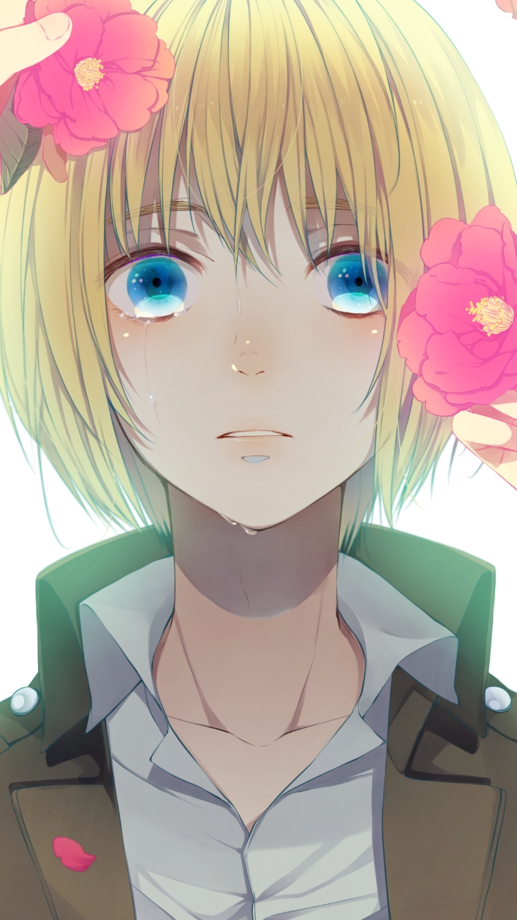 ピンクの花を添えられて涙目のアルミン・アルレルト / Armin Arlert / 進撃の巨人の750 x 1334 / スマホ壁紙