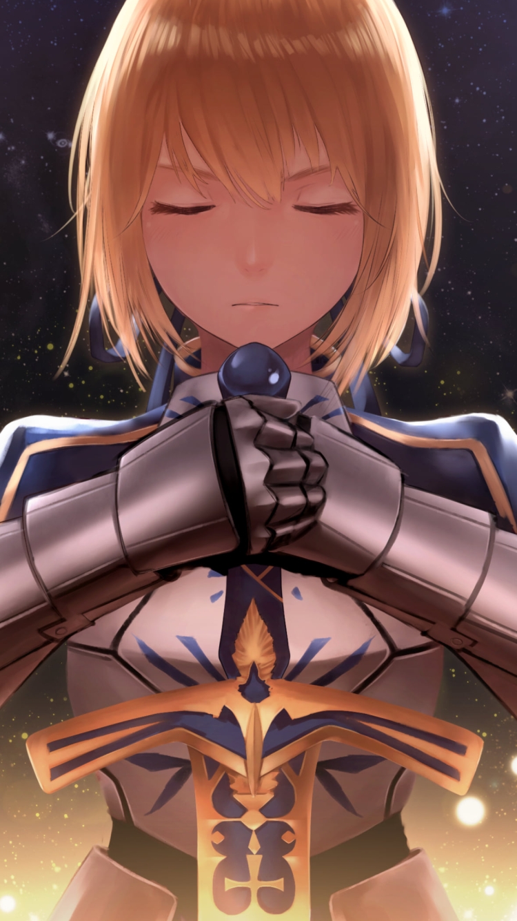 両手に剣を持ち目をつぶるセイバー / アルトリア・ペンドラゴン / Fate / フェイト/ステイナイトの750 x 1334 / スマホ壁紙