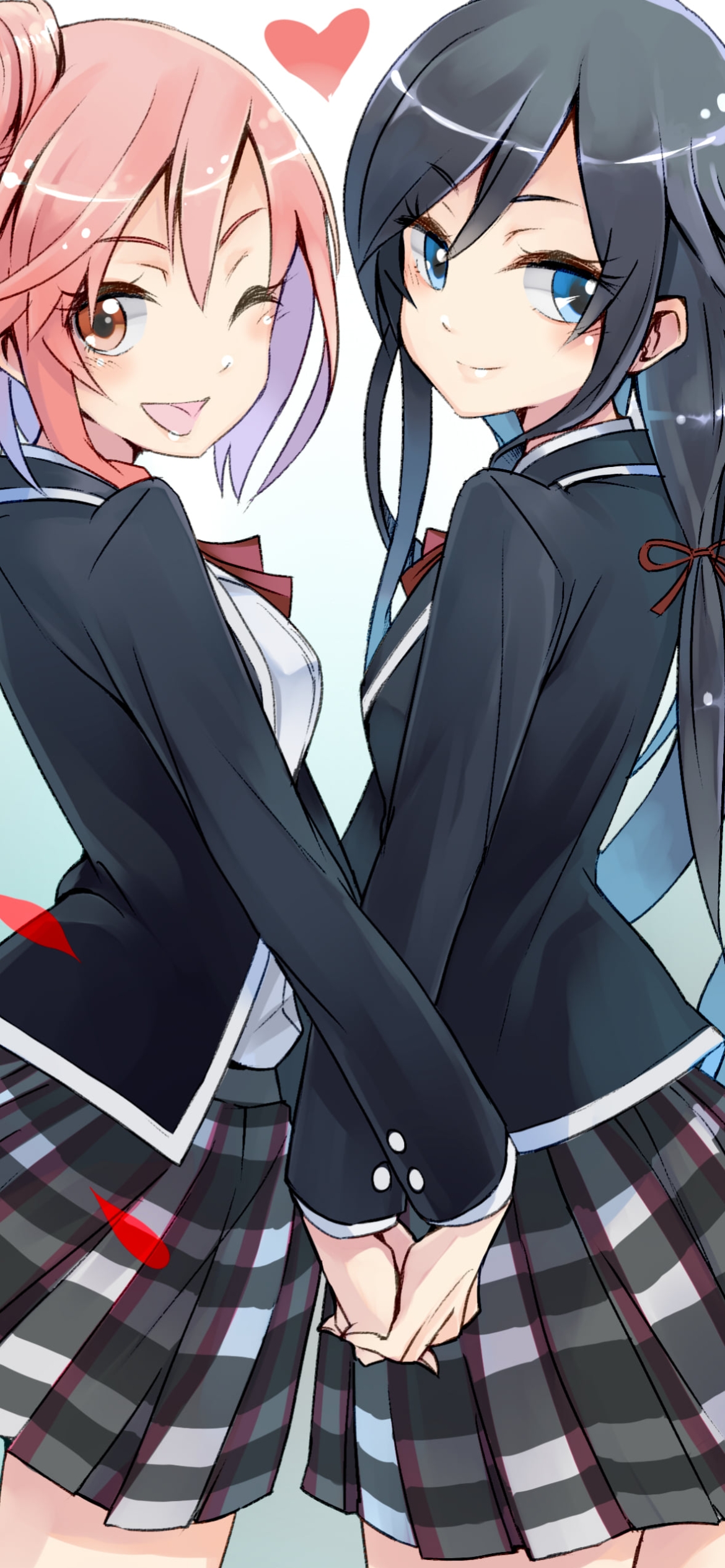 手を取り振り返る雪ノ下雪乃と由比ヶ浜結衣 / やはり俺の青春ラブコメはまちがっている。の1170 x 2532 / スマホ壁紙