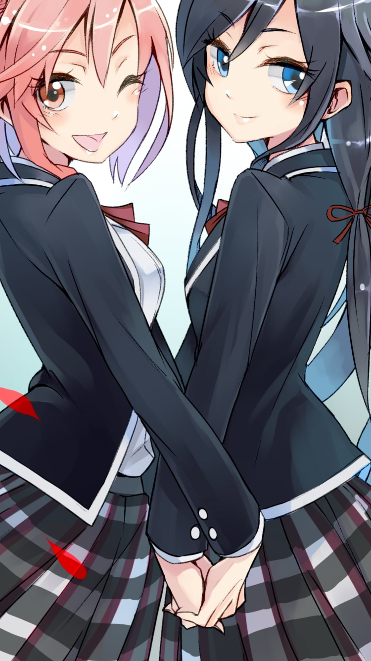 手を取り振り返る雪ノ下雪乃と由比ヶ浜結衣 / やはり俺の青春ラブコメはまちがっている。の750 x 1334 / スマホ壁紙