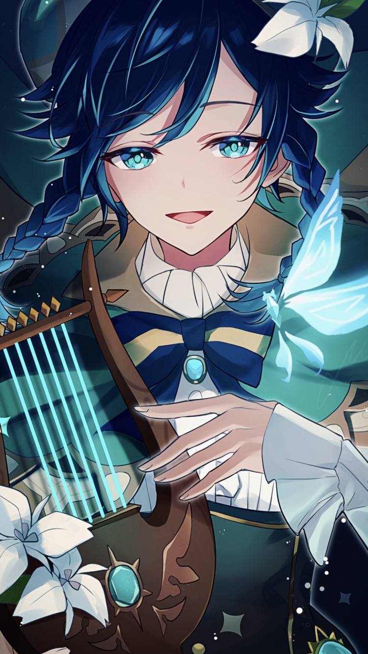 星空と白い花と竪琴を弾くウェンティ / 原神の750 x 1334 / スマホ壁紙