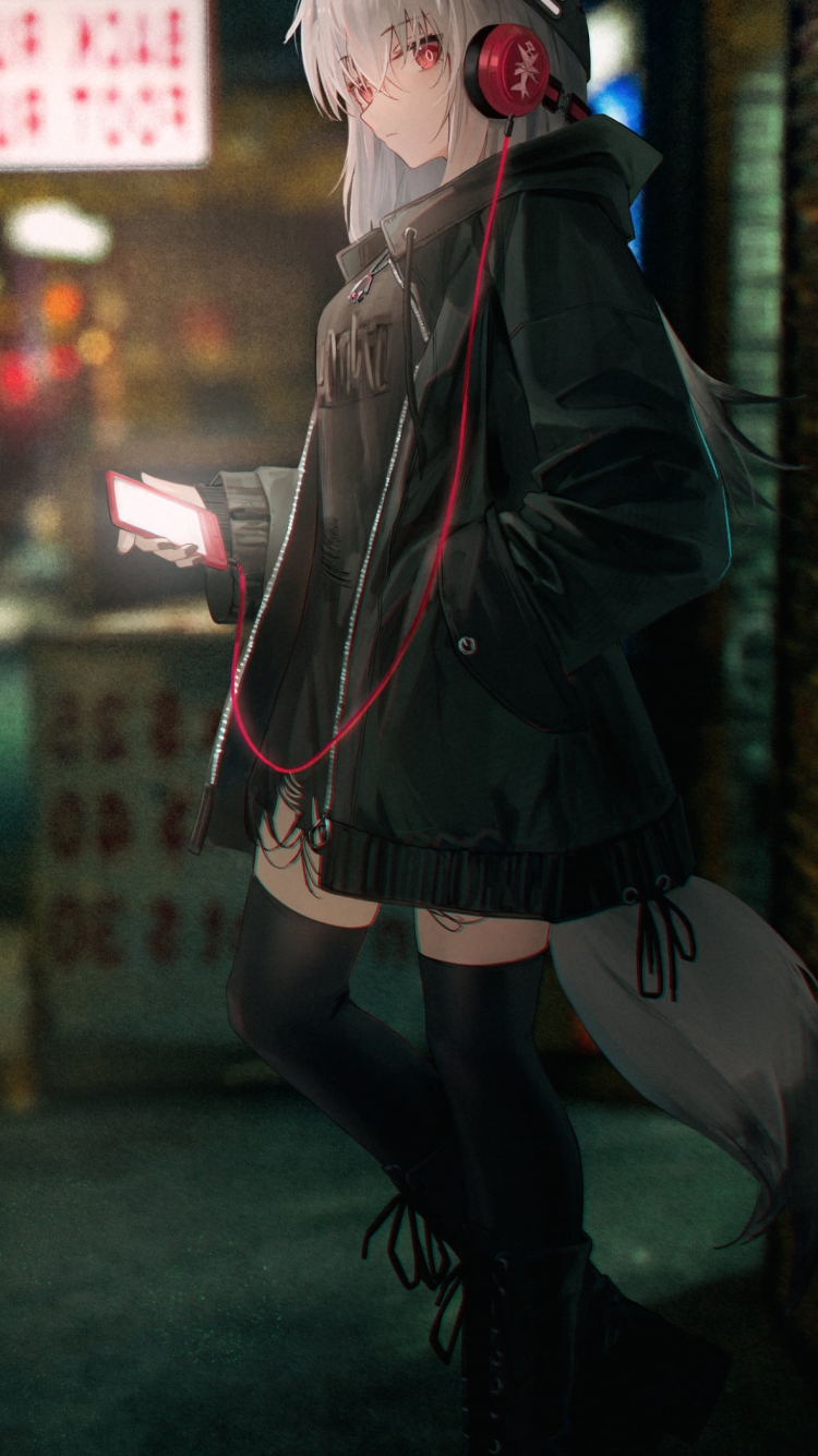 街中で赤いスマホとヘッドフォンで音楽を聴くフロストリーフ / アークナイツの750 x 1334 / スマホ壁紙