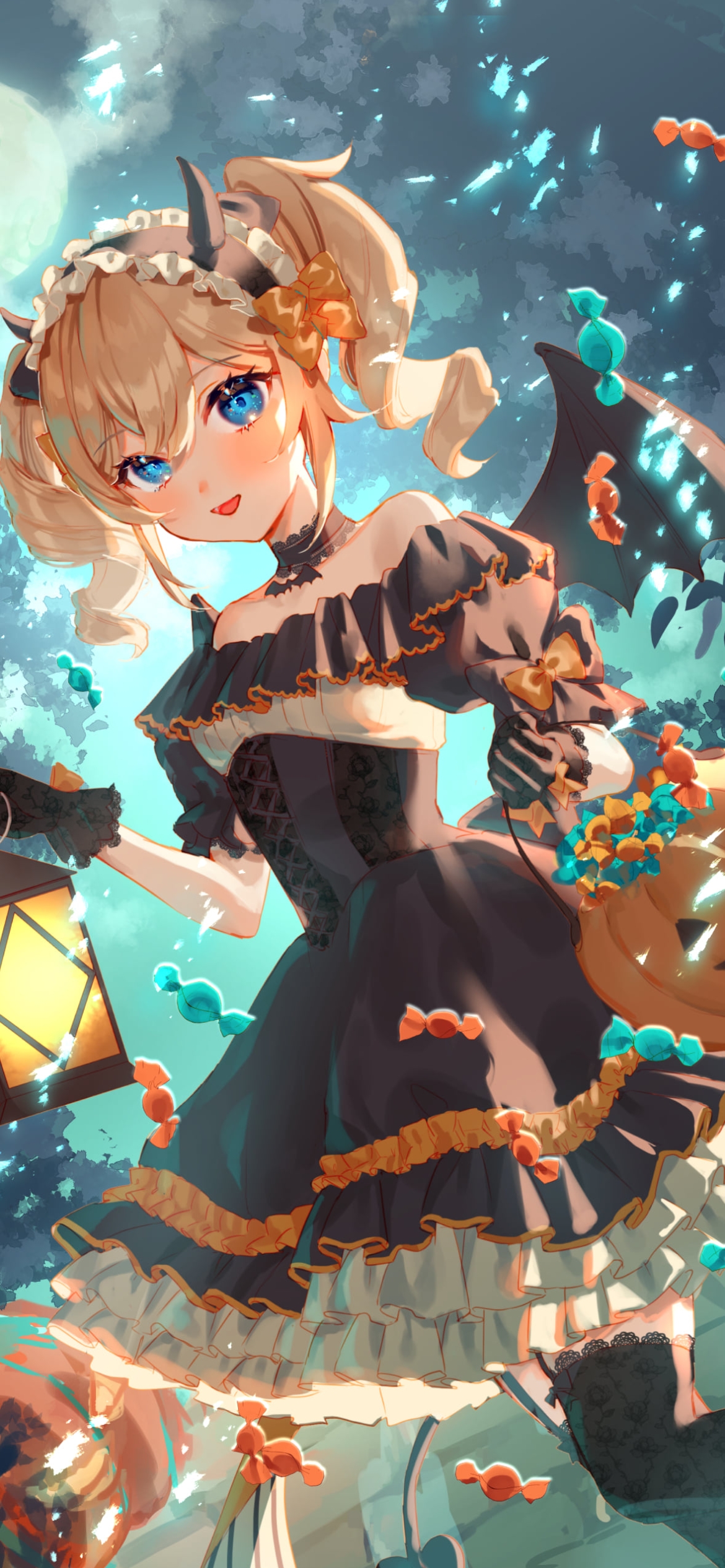 ランタンとパンプキンの入れ物を持つハロウィンコスのバーバラ / 原神の1170 x 2532 / スマホ壁紙