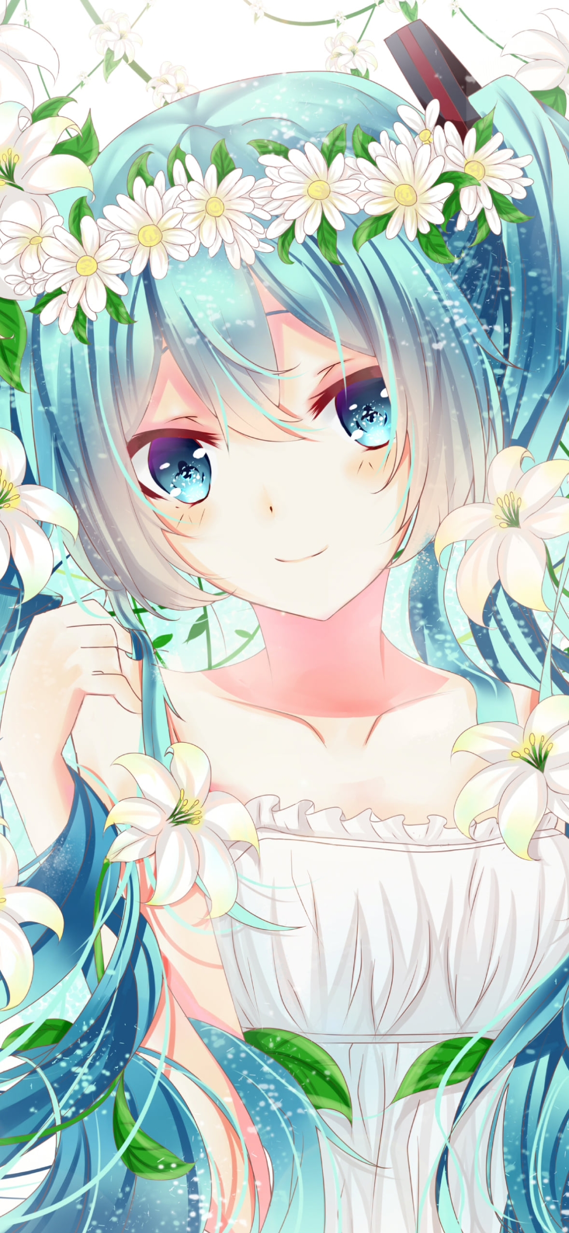 白い花の冠をつけた可愛い初音ミク / 白い百合 / ボカロ / ボーカロイドの1170 x 2532 / スマホ壁紙