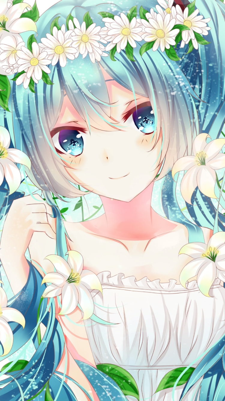 白い花の冠をつけた可愛い初音ミク / 白い百合 / ボカロ / ボーカロイドの750 x 1334 / スマホ壁紙