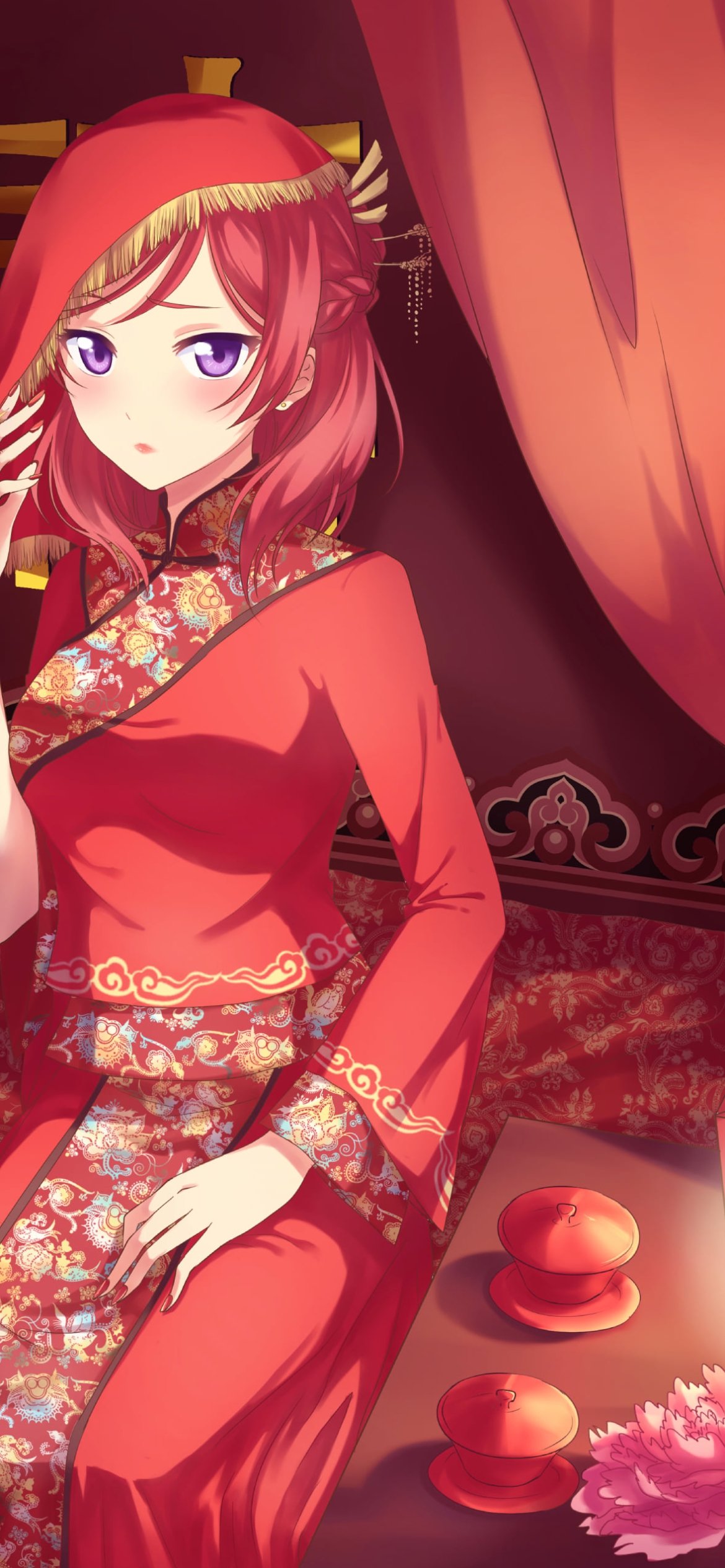 赤いチャイナドレスを着た可愛い西木野真姫 / ラブライブ!の1170 x 2532 / スマホ壁紙