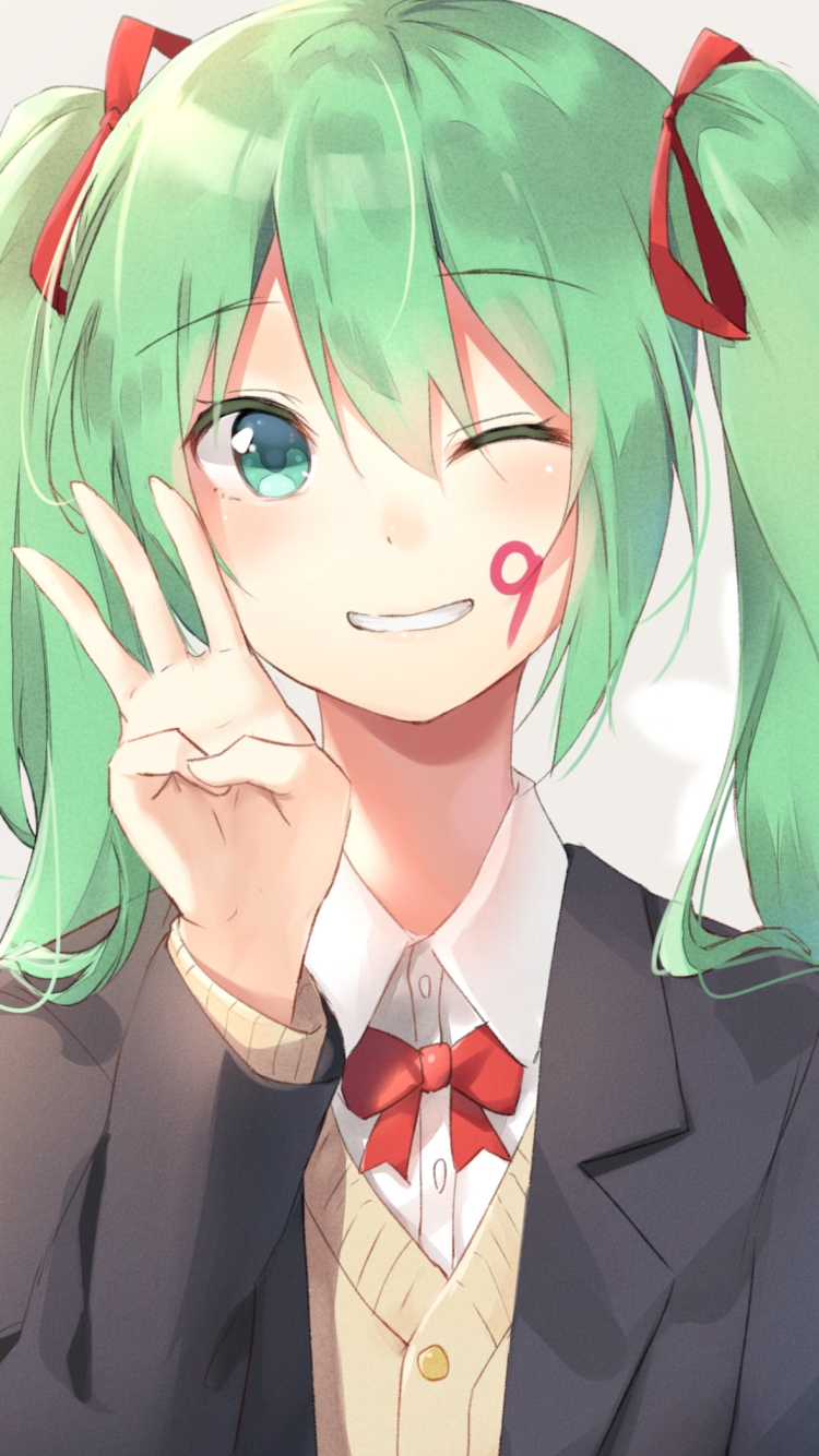 ほっぺたに9の番号がある可愛い初音ミク / ボカロ / ボーカロイドの750 x 1334 / スマホ壁紙