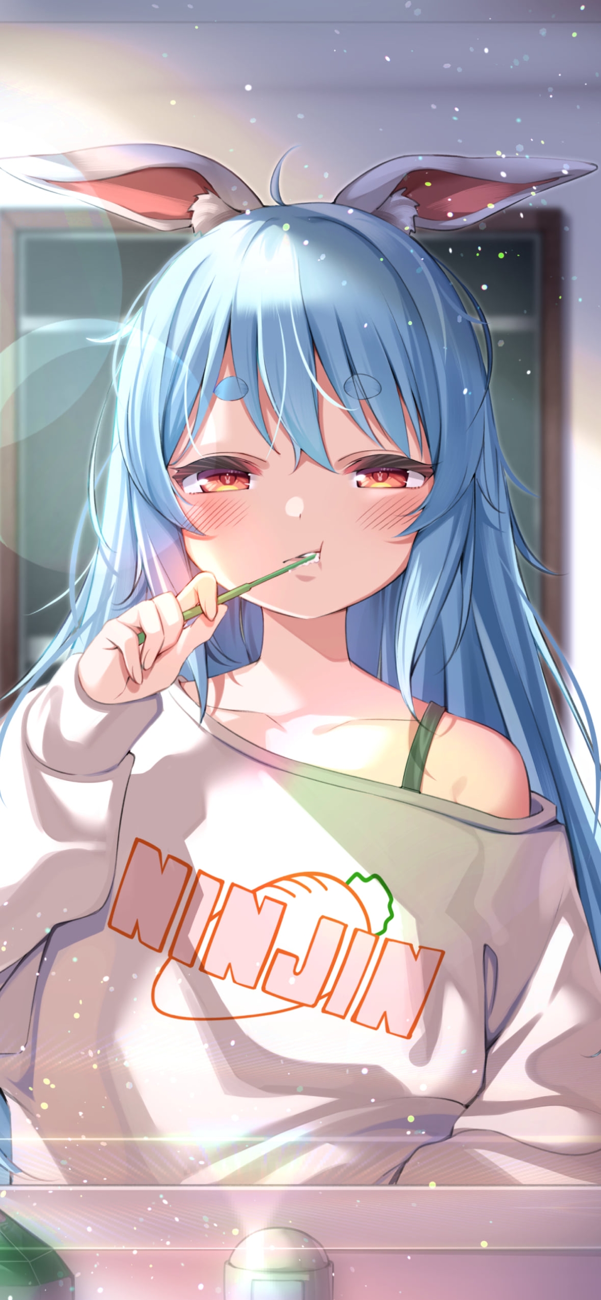 朝、歯を磨く眠そうな兎田ぺこら / ホロライブ / バーチャルYouTuber / Vtuberの1170 x 2532 / スマホ壁紙