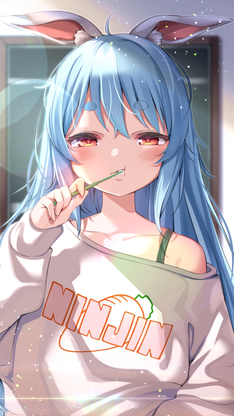 朝、歯を磨く眠そうな兎田ぺこら / ホロライブ / バーチャルYouTuber / Vtuberの750 x 1334 / スマホ壁紙